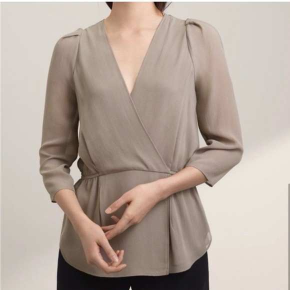Babaton Tops - Babaton Aritzia Silk Blouse Surplice Peplum Taupe XXS Office Workwear